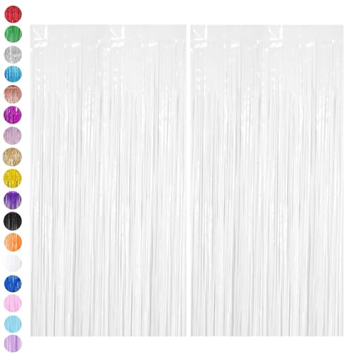 2pcs White Tinsel Curtain Party Backdrop,Hanging Foil Flow Silk Streamers
