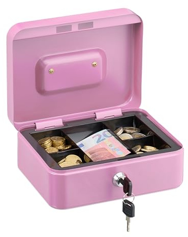 Relaxdays Caisse à Monnaie, verrouillable, Compartiment Amovible divisé en 5, Fer, H x L x P : 8,5 x 20 x 17 cm, Rose