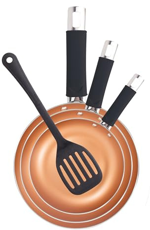 RENBERG ROYCE REECO - Juego 4 Pzs Sartenes + Espátula Ranurada (18, 22, 26 cm) Aluminio Reciclado - Mango Ergonómico - Revestimiento Antiadherente - Inducción Compatible