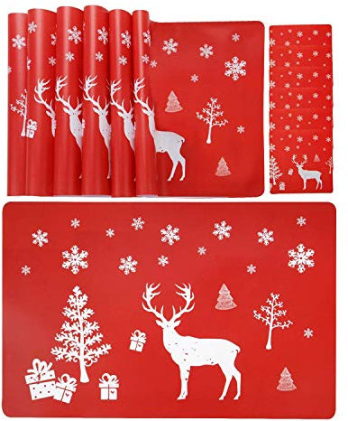 Rtauhife Weihnachts-Tischset mit Tischset für Tischsets mit 6 Tischsets und 6 Tassenmatten, Elch, Weihnachtsbaum, Schneeflocke Bedruckt (Rot)