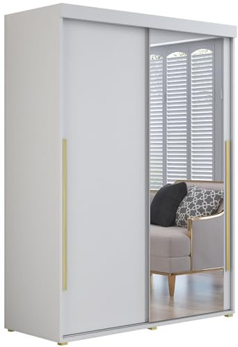 Meble Slupia - Garderobenschrank - Kleiderschrank mit Spiegel und Schiebetüren - 100x202x62cm - Kleider Schrank Schlafzimmer mit Kleiderstange - IGA 01 Weiß, Griff Gold