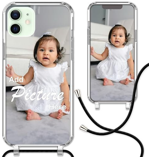 CoverHeld Handyhülle kompatibel mit iPhone 12 mit schwarzem Band selbst gestalten - Silikon Hülle mit Band personaliseren - Dein Design/Bild - Handykette Kordel Band in Schwarz