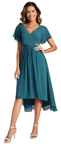 Ever-Pretty Vestito Elegante Donna Cerimonia Manica Corta Collo a V Gonna Midi Teal 42