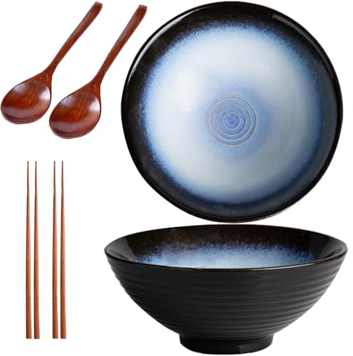 Sightday Lot de 2 bols à ramen (bol à ramen avec cuillères à ramen, baguettes), bol en céramique pour pâtes, collations, soupe, salade, céréales, grand bol(noir)