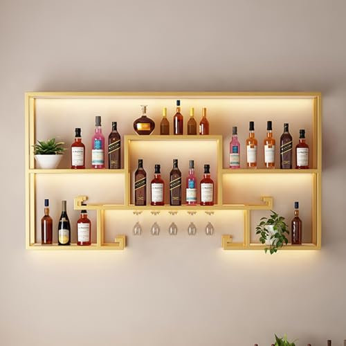 Portabottiglie A LED Portabicchieri Da Vino,Portabottiglie Da Parete Espositore Moderno In Metallo Per Bottiglie Di Vino Con Ripiani Per Bottiglie E Bicchieri Per Sala Da Pranzo E Bar(Gold,150cm/59in)