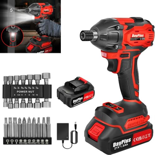 21V Cordless Impact Wrench 1/2Inch Driver, 450 N.m High Torque Brushless Power Impact Gun with 1.5Ah Lithium Battery, 14 Impact Sockets Set, 12 Screwdriver Bits, Electric Impact Wrench for Car, Home