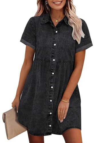 Placitiume - Abito in denim da donna Babydoll, a maniche corte, con bottoni, stile camicia jeans, con balze, Nero , M