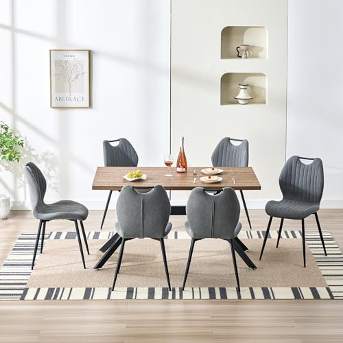 LEWE Esszimmergruppe Esstisch mit 6 Stühlen, 140 x 80 x 76 cm Rechteckig Esstisch aus Holz mit 6 Esszimmerstühle mit Hohe Rückenlehne, Schwarz Eisenbeine, für Küche Esszimmer und Wohnzimmer