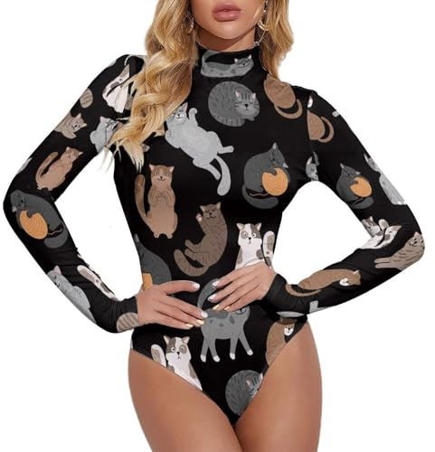 VOSERY Body a maniche lunghe da donna, delicato e carino gatto dei cartoni animati con collo alto body top tuta da donna controllo pancia, Nero, M
