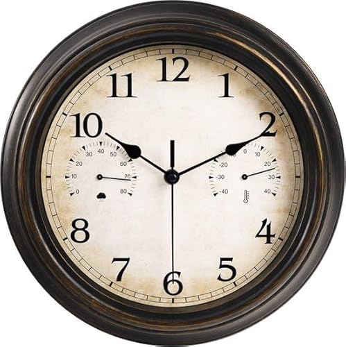 IvoQ Orologio da esterno impermeabile con termometro e igrometro – orologio da parete impermeabile – vintage ed elegante – perfetto per interni ed esterni