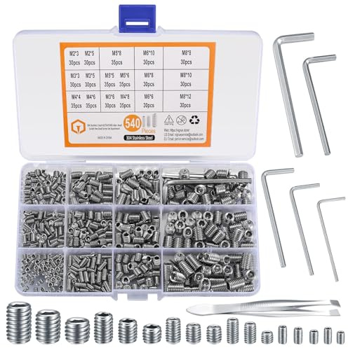 TOP-VIGOR 540Pcs Grub Screw Assortment Set, M2/M3/M4/M5/M6/M8 Hex Socket Head Set Screws(Cup Point), Threaded Fasteners for Door Handle, Faucet, Light Fixture Home Repairs, Fixtures
