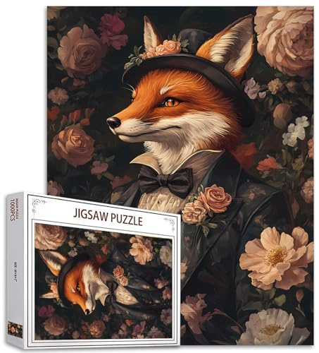 Fox Wearing Suit Puzzles for Adults 1000 Pieces Animal Flowers Jigsaw Puzzles for Game Nights Funny Art Jigsaw Puzzle for Challenging Activity Game DIY Craft Puzzle Home Decor Unique Gifts