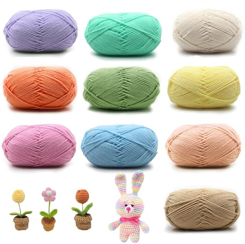 10 Ovillos de 50 g de Hilo de Algodón para Tejer a Mano, Set de Hilos de Algodón para Tricotar a Mano, Hilo Acrílico Multicolor, Fácil Cuidado, para Tejidos DIY y Punto a Mano, 10 Colores