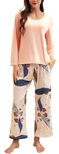 Nanxson Conjunto De Pijama para Mujer Pijama De Manga Larga Estampado Tops con Pantalones Capri Pjs Conjunto Lounge (XXL,Pájaro Beige Rosado)