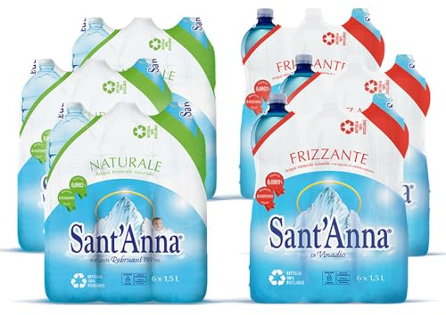Acqua Sant'Anna Pack 1,5L Mix Naturale e Frizzante | Pack 36 Bottiglie (18 naturale + 18 frizzante) | Acqua Minerale Oligominerale, Minimamente Mineralizzata| Fonte Alpina, Idratante e Leggera