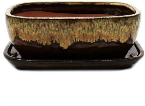 exotenherz Bonsai-Schale mit Unterteller Gr. 4 Braun-Beige rechteckig Modell GB5 L 26cm B 20cm H 9cm