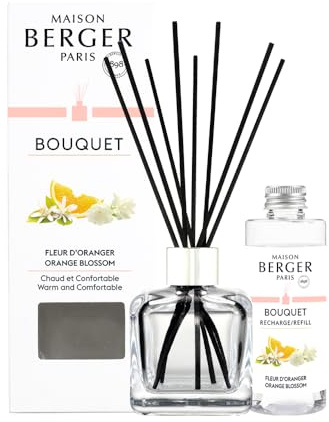 MAISON BERGER Bouquet Parfumé Fleur d'Oranger Glaçon Transparent, 100 ml | Coffret complet : flacon en verre transparent, 6 bâtonnets et recharge Fleur d'Oranger 100 ml