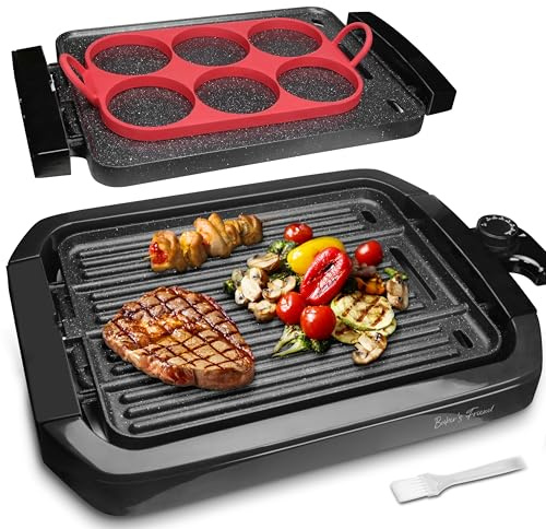 Baker’s Friend Indoor Griddle & Grill, Electric Griddle with 2 in 1 Indoor Grill and Griddle Plate Indoor Grill with Removable Plate, Silicone Mold, Dishwasher Safe, Recipes Include, Graphite