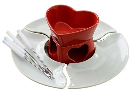KANLVU Forma De Corazón Set Calentador De Mantequilla De Cerámica, Fondue De Queso con Tenedores Y Bandejas para Inauguración Chocolate Fondue(Red)