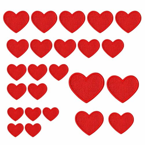 GiantGo 24er Set Herz Bügelpatches, Aufbügelbare Patches in Rot, Stickerei Flicken für Kleidung, DIY Applikationen für Textilien, Jeans, T-Shirts und Kinderkleidung