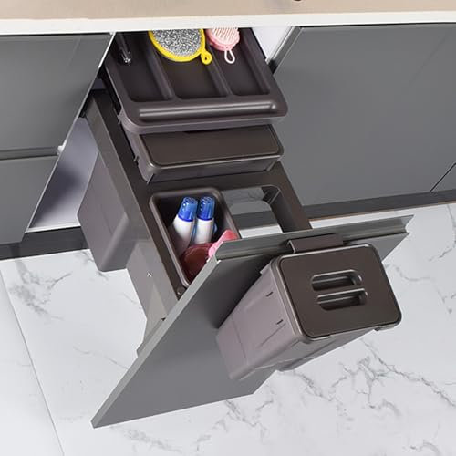 SanzIa Cubo de Basura Bajo Fregadero Triple 29L (18L+6L+5L) Cubo de Basura Deslizable Bajo Encimera Se Adapta a Armarios Bajos de 16« de Ancho X 22» de Fondo, Puerta Oculta Extraíble Mantener Limpio