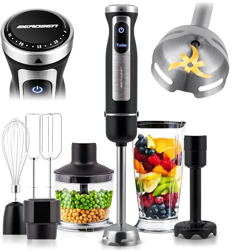 Berdsen Batidora de mano, batidora de mano, 1500 W, multifuncional, con accesorios, función turbo, 800 ml, acero, plástico, gris y negro