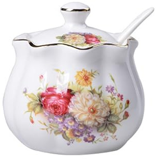 XYUERU Keramik-Gewürzdose Im Vintage-Stil Zuckerdose,Vorratsdose Mit Blumenmuster Und Deckel und Löffel Bonbondose Für Lebensmittel Salz Soße Essig Pfeffer Gewürze Müsli(Pink,280ml)