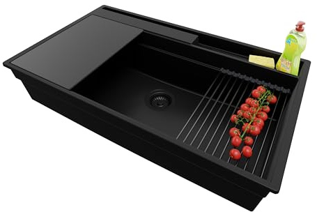 PRIMAGRAN Lavello da Cucina al Mobile 90cm + Kit di scarico, 88x53cm | Set: Kit di scarico (sifone, piletta, troppopieno) + Lavandino in Granito a 1 Vasca - Oslo 90 Pocket, Tutto Nero