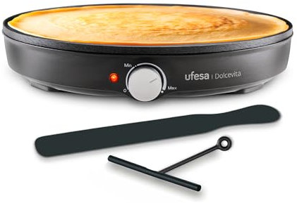 Ufesa Crepera Dolcevita 1000W, Placa Antiadherente de 30 cm, Control de Temperatura Ajustable, Luz Indicadora con Termostato, Seguridad Térmica, Pies Antideslizantes, Accesorios Incluidos
