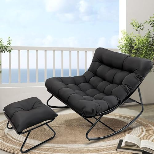 AlpineAura Schaukelstuhl mit Hocker Garten Schaukelsessel Relaxstuhl Wohnzimmer Lesesessel mit Gepolsterter, Schwingsessel Patio, bis 150 kg, für Garten, Hof, Schlafzimmer