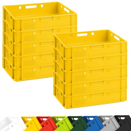 Fleischkiste E1 10er Set Gelb Eurobox 60x40x12,5 cm Stapelbox Kunststoff | BURI, lebensmittelecht, Made in Germany, flache Lagerkiste, robuster Kunststoff, Transportbox, Metzgerkiste, langlebig