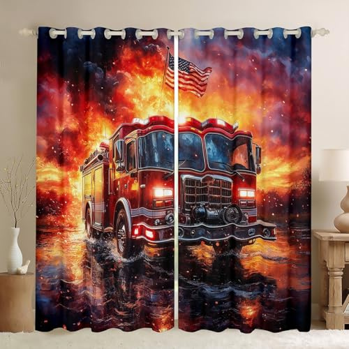 Homemissing Feuerwehr Vorhänge 137x117cm Kinder Feuerwehr Auto Fahrzeug Blickdichte Vorhänge für Kinder Jungen Mädchen Feuerwehr Gardinen Feuerwehr Fenstervorhang Blickdichte Vorhänge