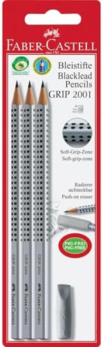 Faber-Castell 117197 - Bleistiftset GRIP 2001 mit Gummi-Tip, Schaftfarbe: silber, Bleistifte mit Radiergummikappe zum Schutz der Bleistiftmine (3 Bleistifte H + Radierkappe)