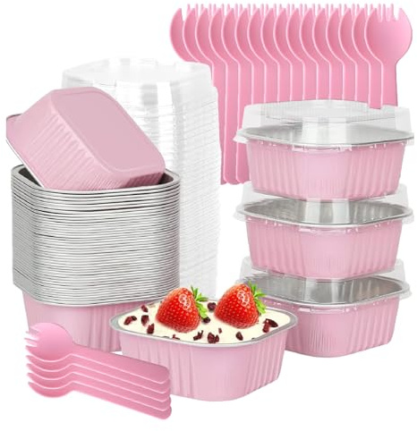 50Pcs Mini Cake Tins with Lids and Spoons, 150ml Mini Loaf Cake Cases, Square Aluminum Foil Baking Pans, Reusable Aluminum Mini Cake Tins, for Bread Dessert Wedding Birthday Party (Pink-50Pack)