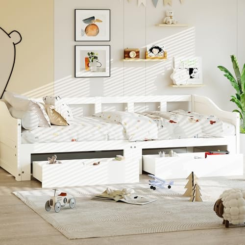 Soffa dubbelsäng 90/180 x 200 cm, utdragbar dagsäng i trä med 2 förvaringslådor, bäddsoffa för 2 personer, utdragbar för dubbelsoffa, konvertibel säng, utan madrass (H-sektion)