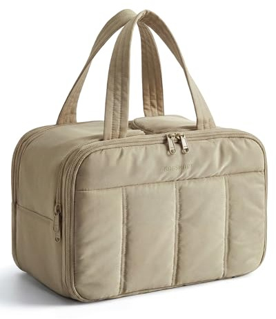 bagsmart Travel Toiletry Bag for Women, Extra Large Makeup Wash Bag, Camel | 2 Full Open Upright Compartments for Cosmetics & Toiletries, Puffy Vanity Case, Ideal Women Travel Makeup Essentials Bag