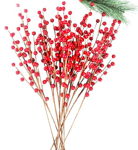 12 rote Beerenstiele, 43,2 cm, künstliche burgunderrote Stechpalmenbeeren, Zweige für Weihnachtsbaumschmuck, Winterurlaubsdekoration