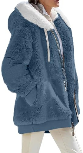 Hiver Chaud Polaire Manteau Retournée Laine Manteau Femme Hiver Laine Sport Vestes Impermeable Parka Longue Veste a Carreaux D'intérieur Parka Chic Manteaux Polaire Femme Bleu L