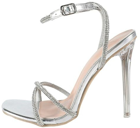 Hykytyhk Sandali da donna con tacco alto a stiletto e strass, con lacci incrociati sul retro, per feste di fine anno, Argento, 40 EU
