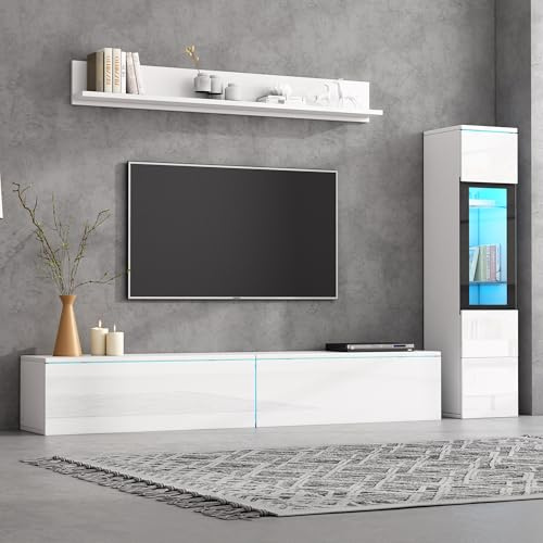 KSFASHZ TV Wohnwand 3-TLG. mit LED Beleuchtung: TV Schrank + Vitrine + Hängeregal - Fernsehschrank-Kombination für Modernes Wohnzimmer, Hochglanz Weiß