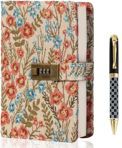 TIEFOSSI Broderad Dagbok med Lås, Linjerad Dagbok med Lås för Kvinnor och Män, Estetisk Journal med Penna, Inbunden Journal för Journalföring, Skrivande och Planering, 100 GSM Tjockt Papper