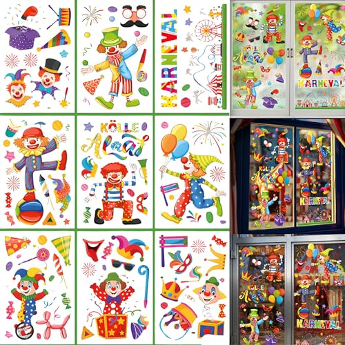 Set di 9 immagini autoadesive per finestre, motivo clown, in vinile, per cameretta dei bambini, per carnevale, feste