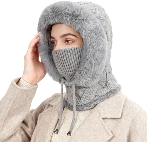 AYPOW Varm stickad vintermössa med halsvärmare för kvinnor, vindtät balaklava, skidmask, mössa, hattar, termisk fleecefoder med dragsko, mjuk ullig halsduk för kvinnor utomhus, Grå, one size