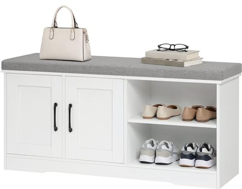 MAHANCRIS Storage Bench, 39.4 Wide Shoe Bench with Padded Seat Cushion, Entryway Bench with 2 Doors and Adjustable Shelf, End of Bed Bench, for Hallway, Bedroom, White and Gray BSWT1201