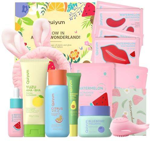 QUIYUM Obst Hautpflege Set, 14-teiliges Skincare Set Damen, Gesichtspflege Geschenkset mit Niacinamid und Ceramiden, Feuchtigkeit & Glow, feuchtigkeitsspendend