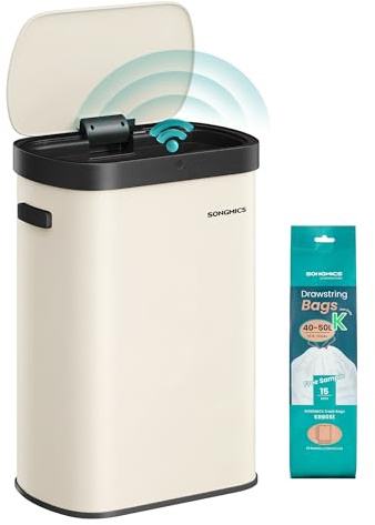 SONGMICS Mülleimer mit Sensor, 50 L, Softclose-Deckel, Stahl | Öffnen per Handbewegung oder Berühren, inkl. 15 Müllbeutel, beige, POWE Kollektion LTB640AZ02