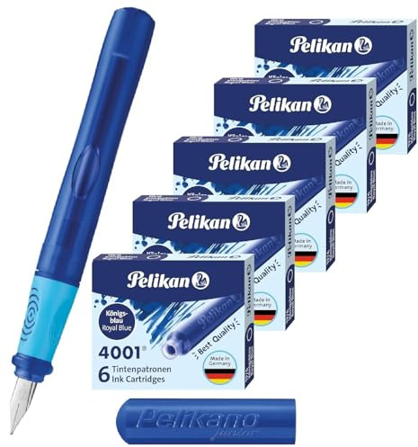 Pelikan Pelikano Junior Schulfüller für Rechtshänder in Türkis, mit Anfänger Feder A, 1 Stück (Rechtshänder, Blau + extra Patronen)