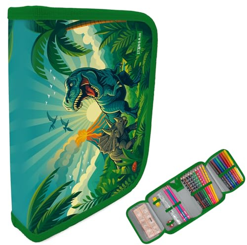 itenga Federmäppchen Jungen 28-teilig gefüllt – Schüler-Etui 1-Zipper mit Stiften, Lineal & Zubehör – Mäppchen Schule Grundschule (Motiv Dinosaurier Dino World)