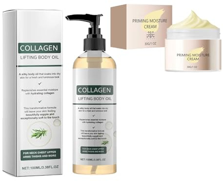 Collagen Lifting Body Oil+Face Primer Moisturiser Cream, Firming Body Oil for Women, Hydrating Face Primer Cream Before Makeup, for Soft, Radiant Even Skin, Tightening, Moisturizes & Smoothes (1 Set)