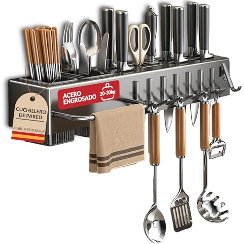 Organiseur de cuisine – Couteau mural – Support pour ustensiles de cuisine avec crochets et porte-couverts – Organisateur multifonction peu encombrant